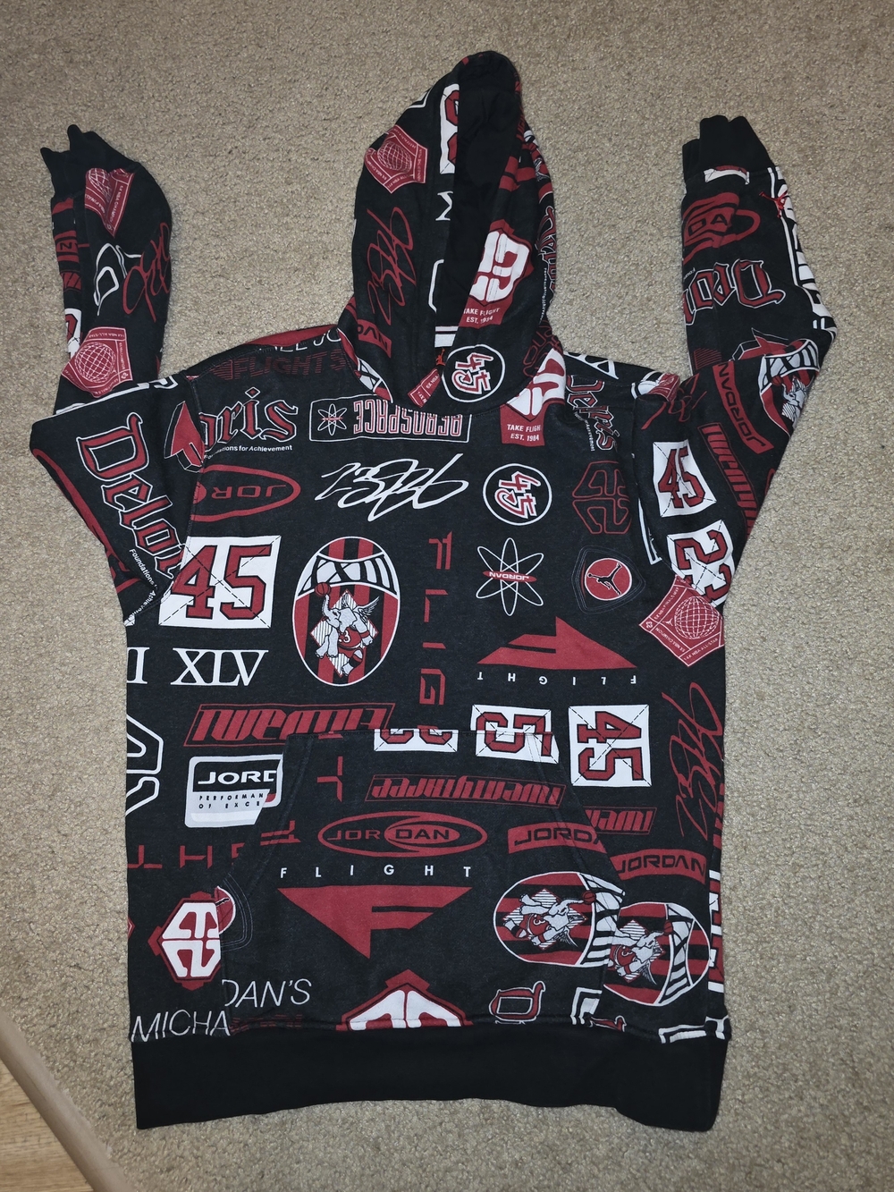 Jordan Flight Mens S Black Red White Pullover Fleece Hoodie Pockets MJ Graphic